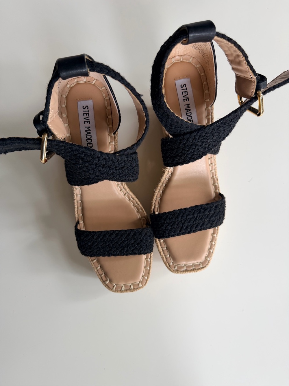 Steve Madden Cali Black Woven Espadrille Wedge Sandals Ankle Strap Size 8